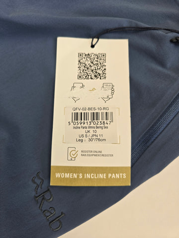 Rab Incline Pants Wmns Bering Sea Size 10 Regular Leg