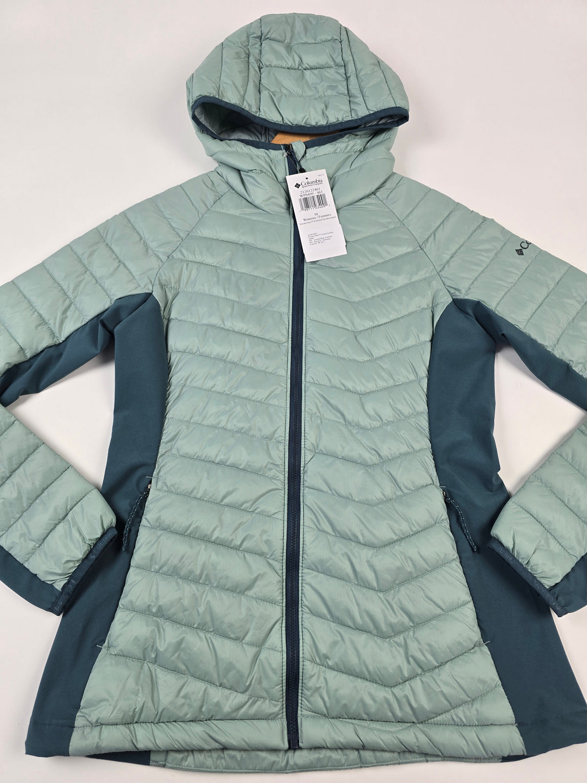 Columbia Powder Pass™ II Hybrid Hooded Jacket Crushed Blue. Everblue Dames M