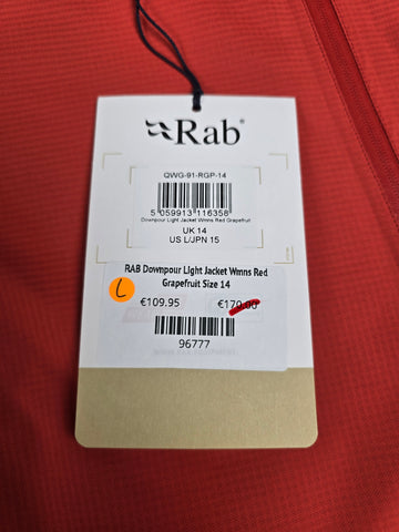 RAB Downpour Light Jacket Wmns Red Grapefruit Size 14