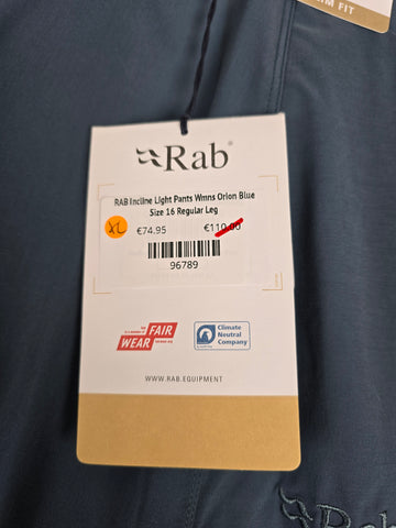 RAB Incline Light Pants Wmns Orion Blue Size 16 Regular Leg